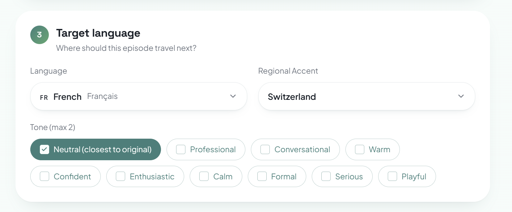Language and tone step showing dropdowns and tone checkboxes