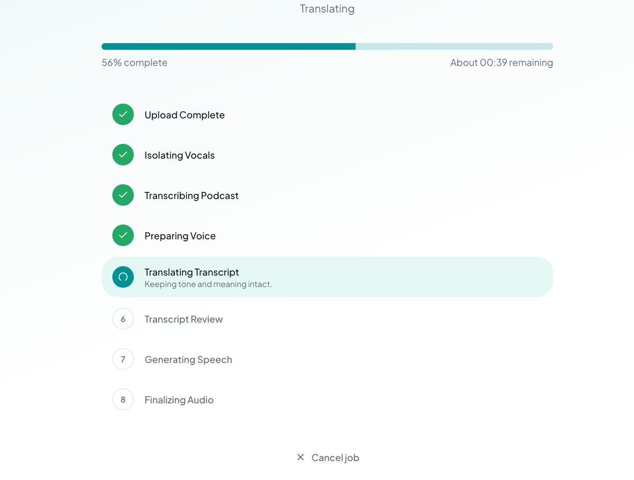 Translation progress step showing a checklist and progress bar