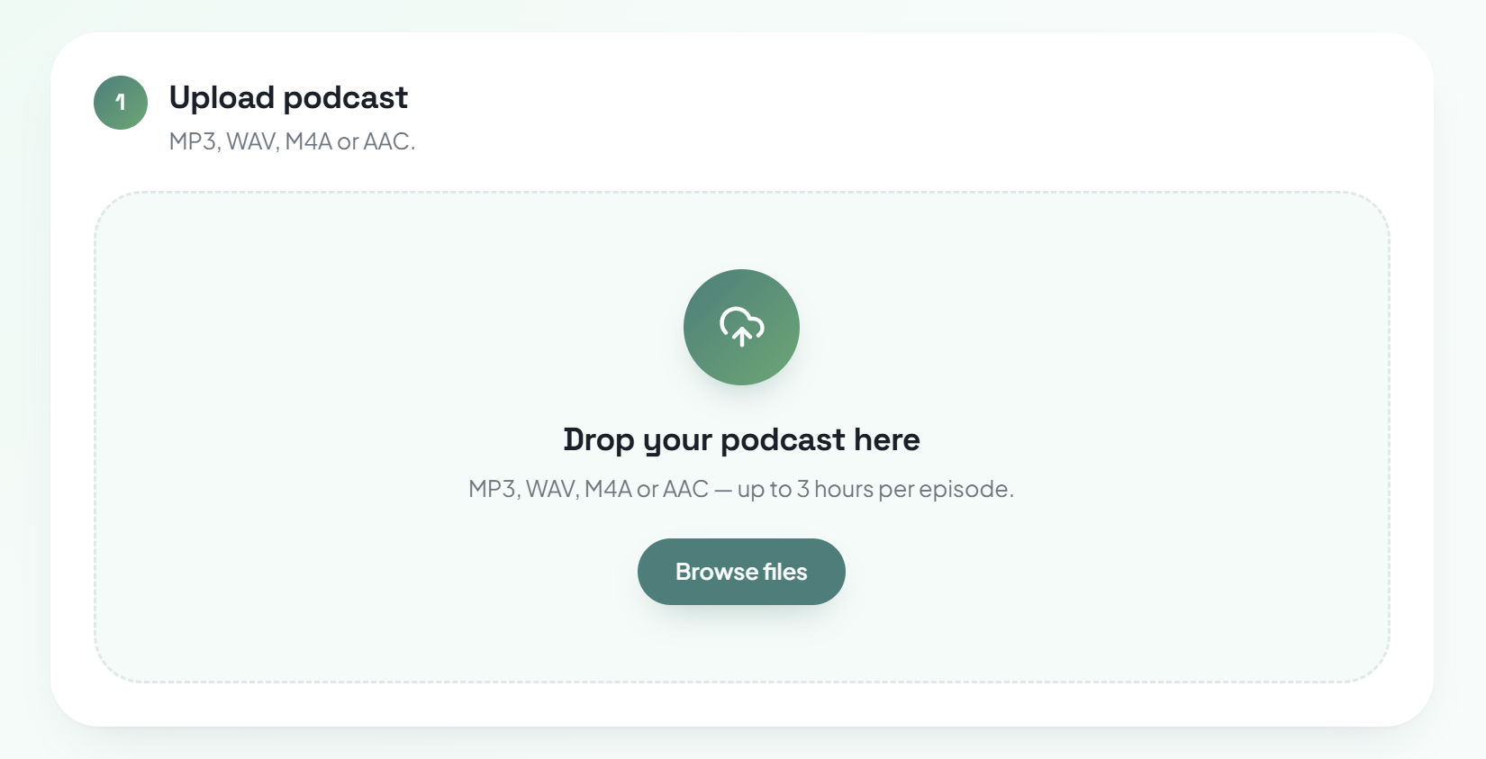 Upload podcast step showing a drag-and-drop audio file area