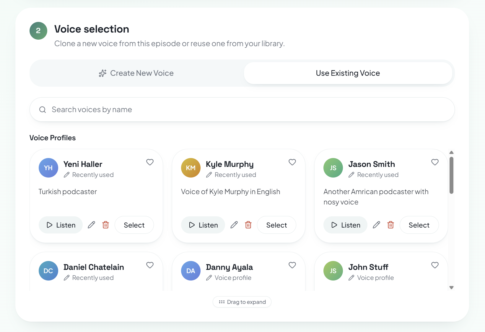 Voice selection step showing voice profile cards